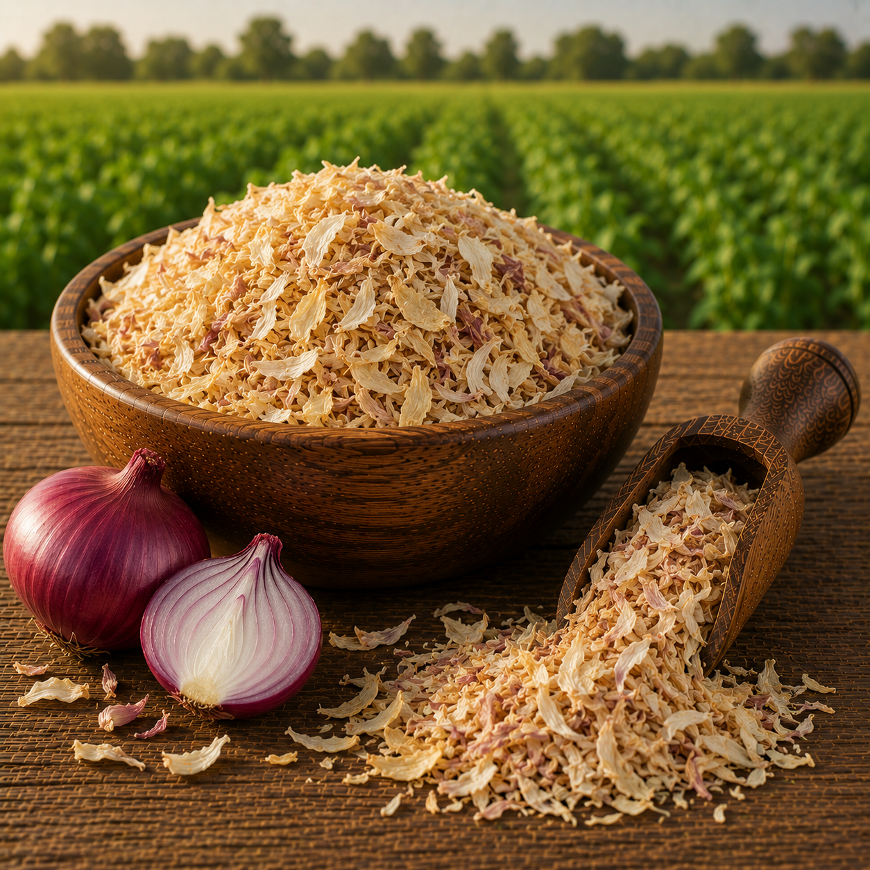 Egyptian dried onion bulk export — dehydrated Allium cepa flakes and powder from Nile Delta farms